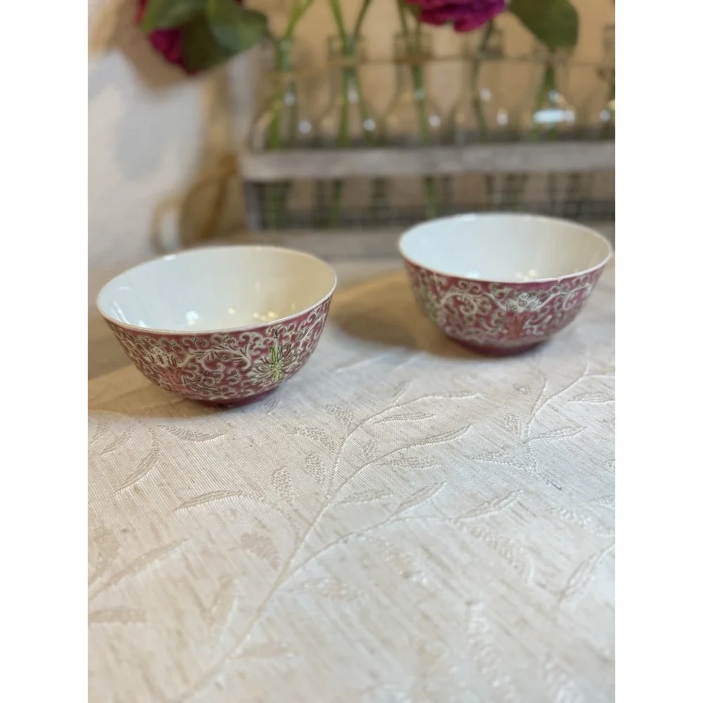 Vintage Pink Mun Shou Longevity Rice Bowls, 4.5
